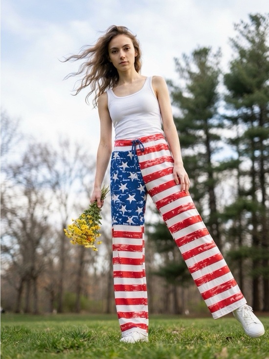 None Pants - Wide-Leg American Flag Print Lounge Pants - Red, White & Blue